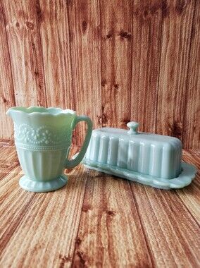 Pioneer Woman Timeless Beauty Jade Green Glass Butter Dish and Creamer Set